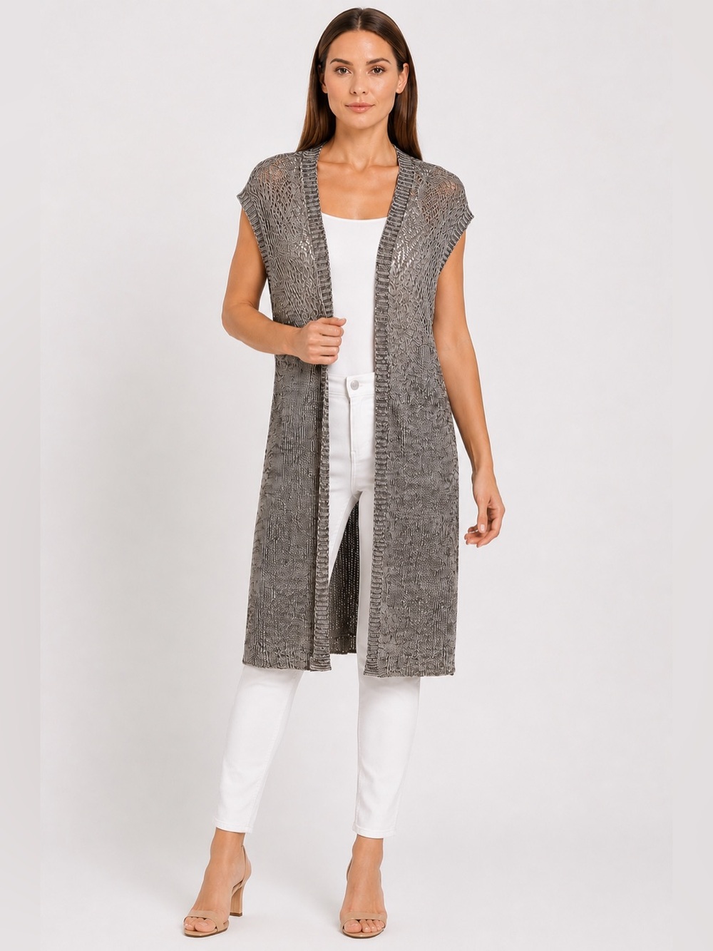 Chicos Linen Blend Sleeveless Duster Open Knit Cardigan Sz 1 Gray Medium Midi M